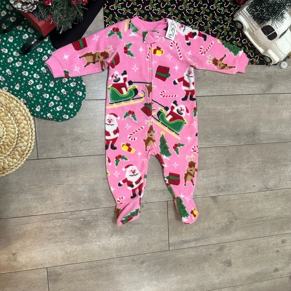 New Children Place Baby Girl Christmas Sleeper Pajamas Santa Fleece Footie 3-6M